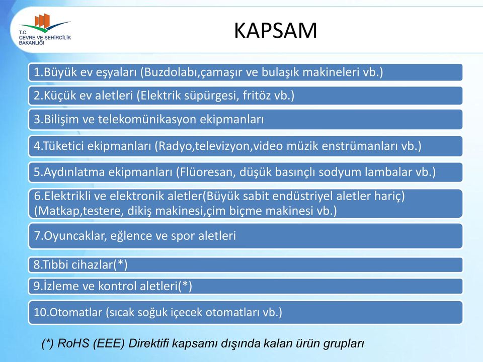 Aydınlatma ekipmanları (Flüoresan, düşük basınçlı sodyum lambalar vb.) 6.