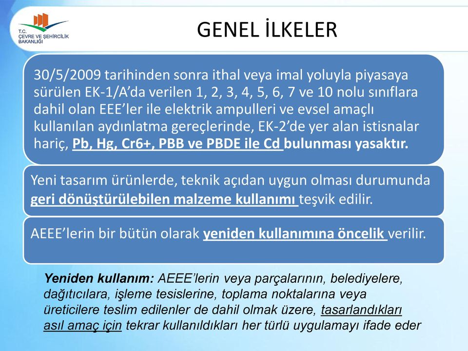 Yeni tasarım ürünlerde, teknik açıdan uygun olması durumunda geri dönüştürülebilen malzeme kullanımı teşvik edilir. AEEE lerin bir bütün olarak yeniden kullanımına öncelik verilir.