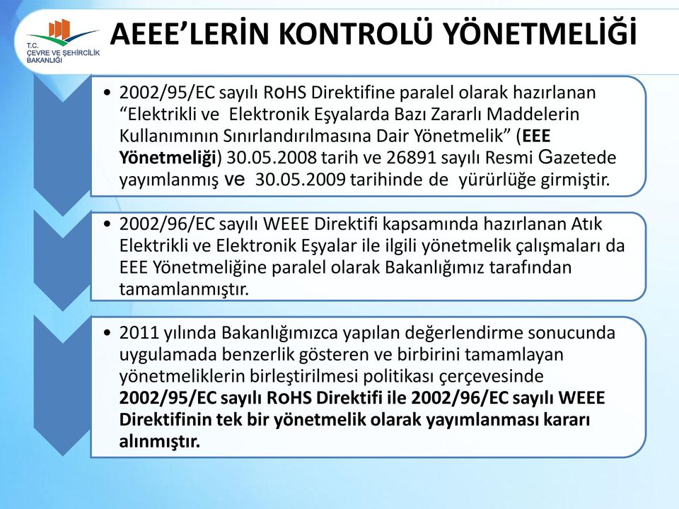 2002/96/EC sayılı WEEE Direktifi kapsamında hazırlanan Atık Elektrikli ve Elektronik Eşyalar ile ilgili yönetmelik çalışmaları da EEE Yönetmeliğine paralel olarak Bakanlığımız tarafından