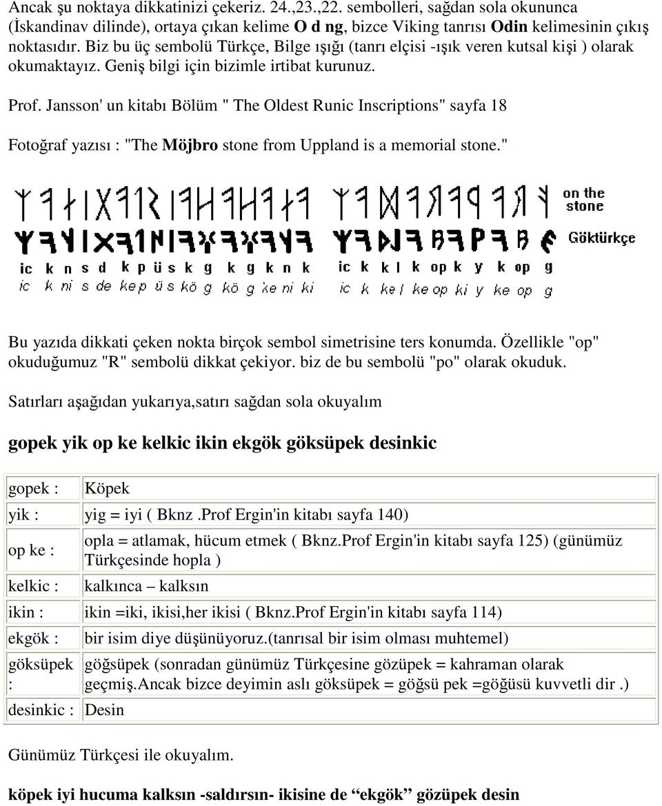 Jansson' un kitabı Bölüm " The Oldest Runic Inscriptions" sayfa 18 Fotoğraf yazısı : "The Möjbro stone from Uppland is a memorial stone.