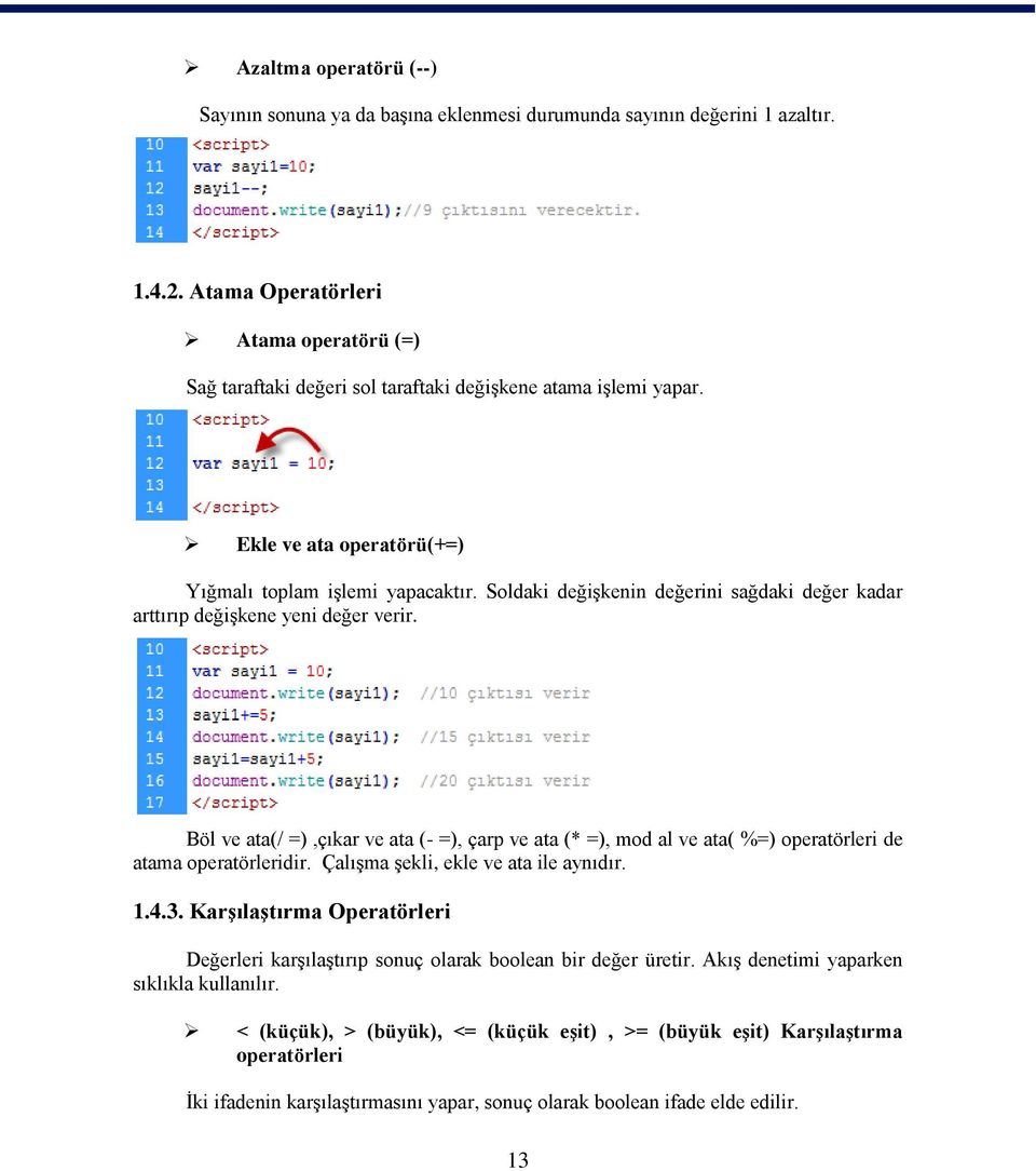 Soldaki değiģkenin değerini sağdaki değer kadar arttırıp değiģkene yeni değer verir. Böl ve ata(/ =),çıkar ve ata (- =), çarp ve ata (* =), mod al ve ata( %=) operatörleri de atama operatörleridir.