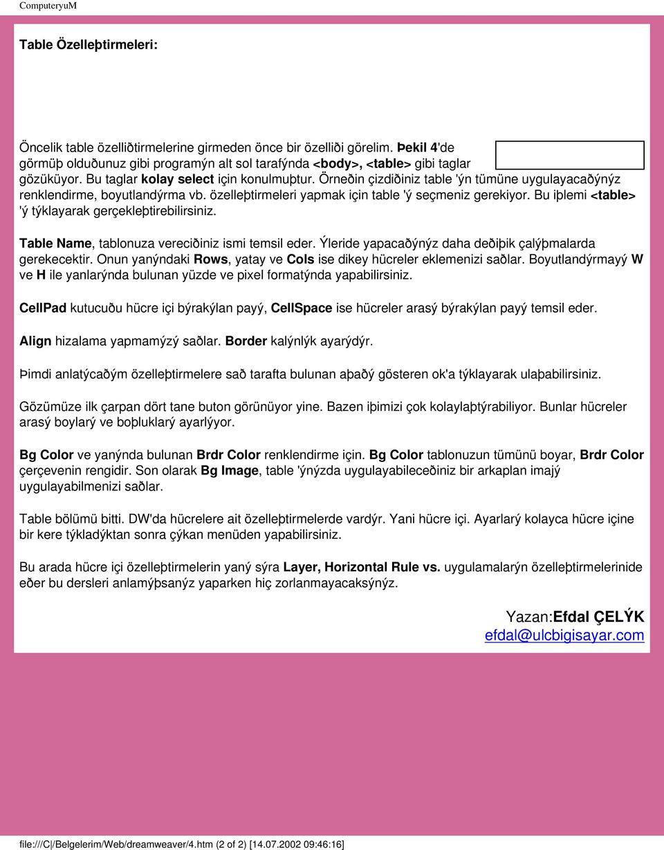 Bu iþlemi <table> 'ý týklayarak gerçekleþtirebilirsiniz. Table Name, tablonuza vereciðiniz ismi temsil eder. Ýleride yapacaðýnýz daha deðiþik çalýþmalarda gerekecektir.