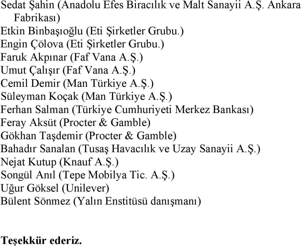 Ş.) Ferhan Salman (Türkiye Cumhuriyeti Merkez Bankası) Feray Aksüt (Procter & Gamble) Gökhan Taşdemir (Procter & Gamble) Bahadır Sanalan (Tusaş