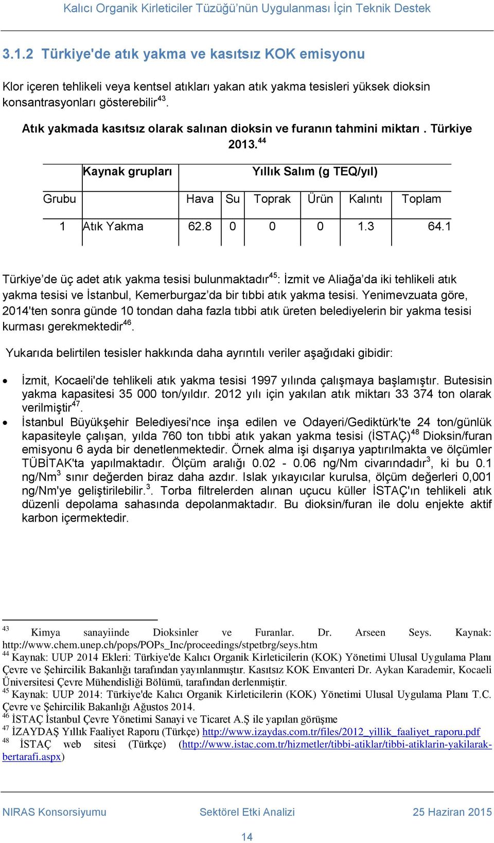 3 64.1 Türkiye de üç adet atık yakma tesisi bulunmaktadır 45 : İzmit ve Aliağa da iki tehlikeli atık yakma tesisi ve İstanbul, Kemerburgaz da bir tıbbi atık yakma tesisi.