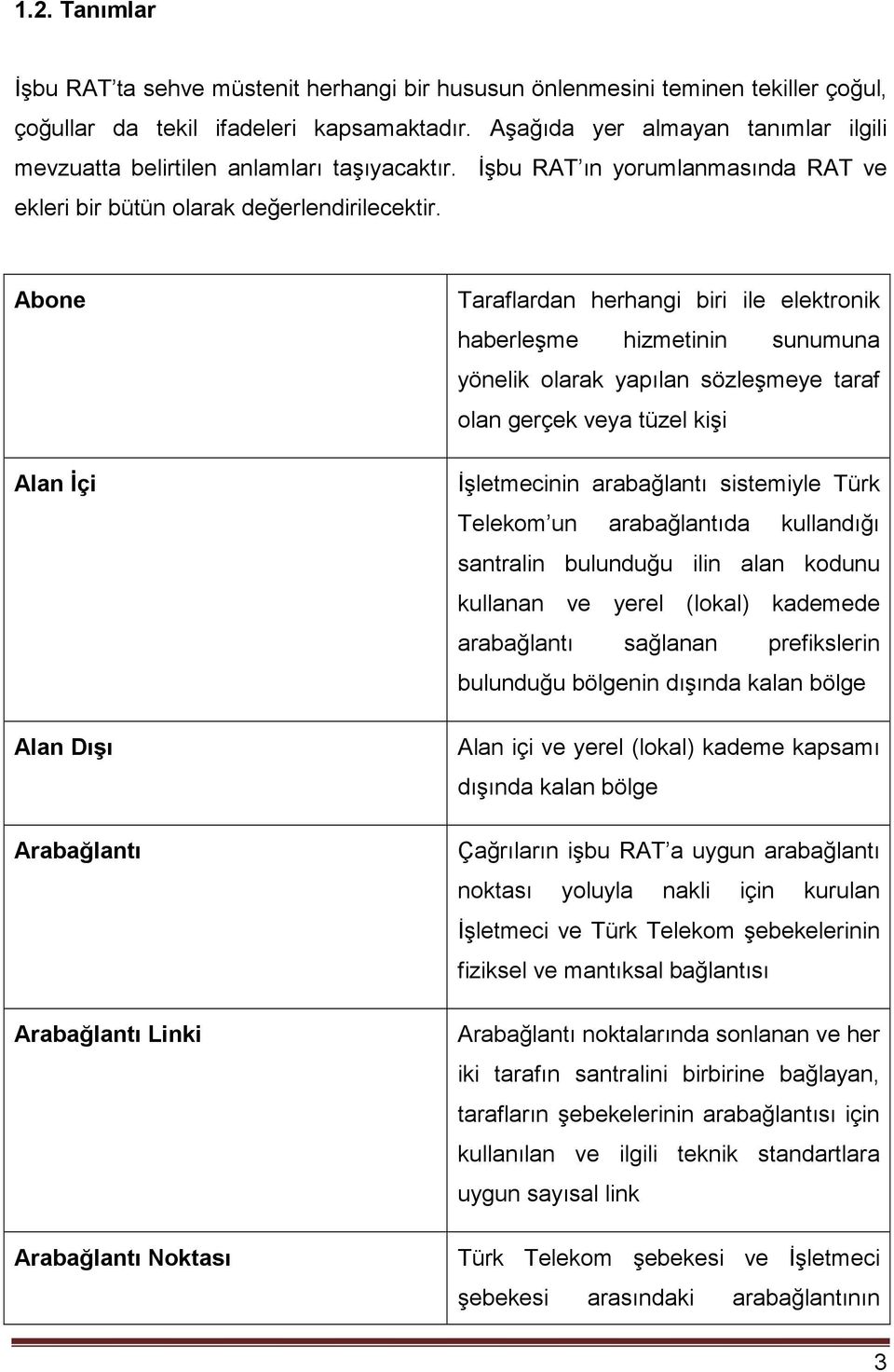 Abone Alan İçi Alan Dışı Arabağlantı Arabağlantı Linki Arabağlantı Noktası Taraflardan herhangi biri ile elektronik haberleşme hizmetinin sunumuna yönelik olarak yapılan sözleşmeye taraf olan gerçek