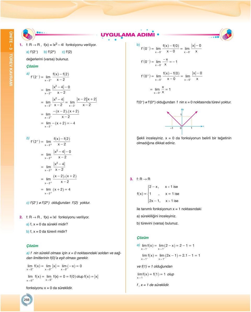 b) fl^ h lim " f ^ h- f^h - Şekli inceleiniz. da fonksionun belirli bir teğetinin olmadığına dikkat ediniz. c) f'( ) f'( ) olduğundan f'() oktur.. f: R R, f() fonksionu verilior.