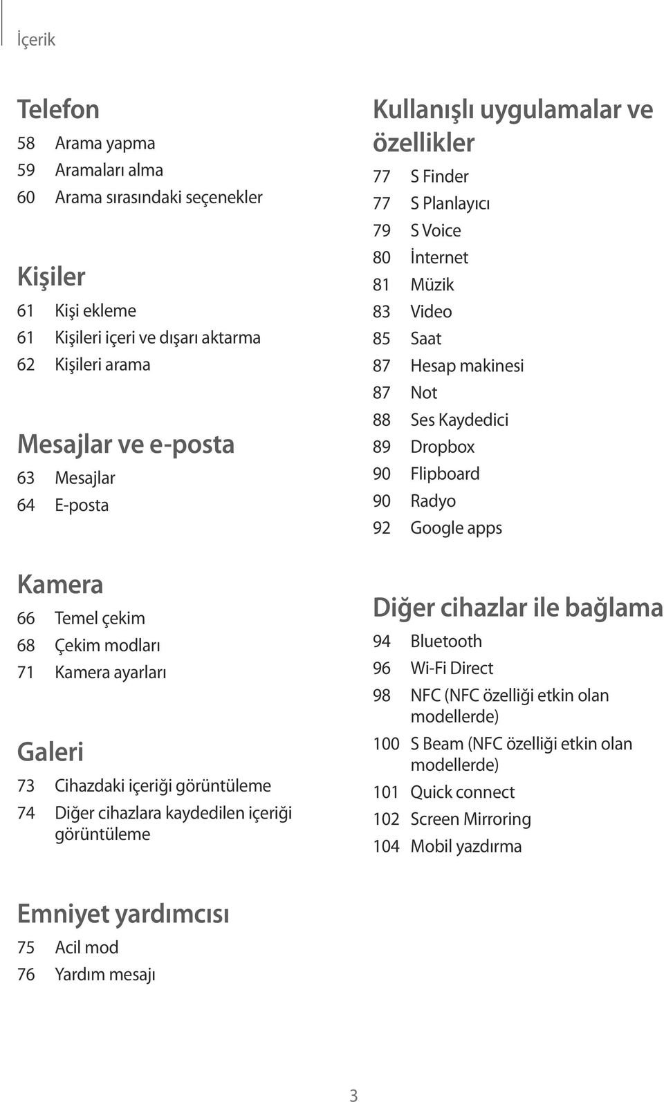 S Planlayıcı 79 S Voice 80 İnternet 81 Müzik 83 Video 85 Saat 87 Hesap makinesi 87 Not 88 Ses Kaydedici 89 Dropbox 90 Flipboard 90 Radyo 92 Google apps Diğer cihazlar ile bağlama 94 Bluetooth 96