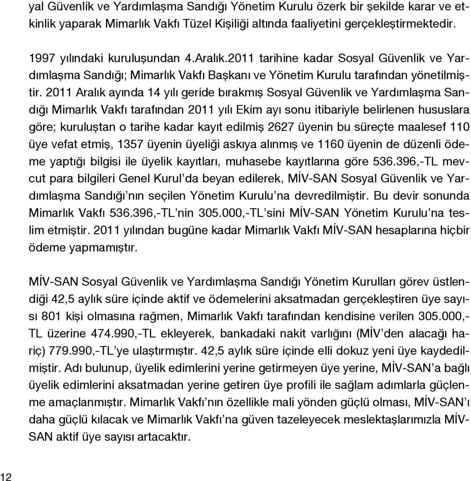 2011 Aralık ayında 14 yılı geride bırakmış Sosyal Güvenlik ve Yardımlaşma Sandığı Mimarlık Vakfı tarafından 2011 yılı Ekim ayı sonu itibariyle belirlenen hususlara göre; kuruluştan o tarihe kadar