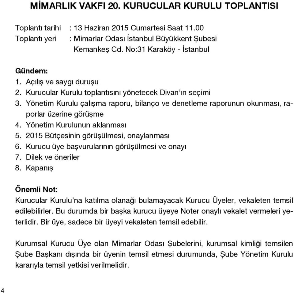 Yönetim Kurulu çalışma raporu, bilanço ve denetleme raporunun okunması, raporlar üzerine görüşme 4. Yönetim Kurulunun aklanması 5. 2015 Bütçesinin görüşülmesi, onaylanması 6.