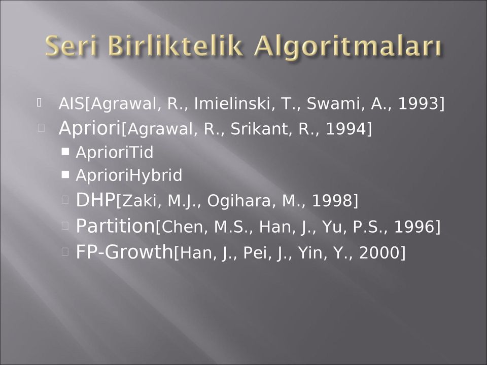 , 1994] AprioriTid AprioriHybrid DHP[Zaki, M.J., Ogihara, M.