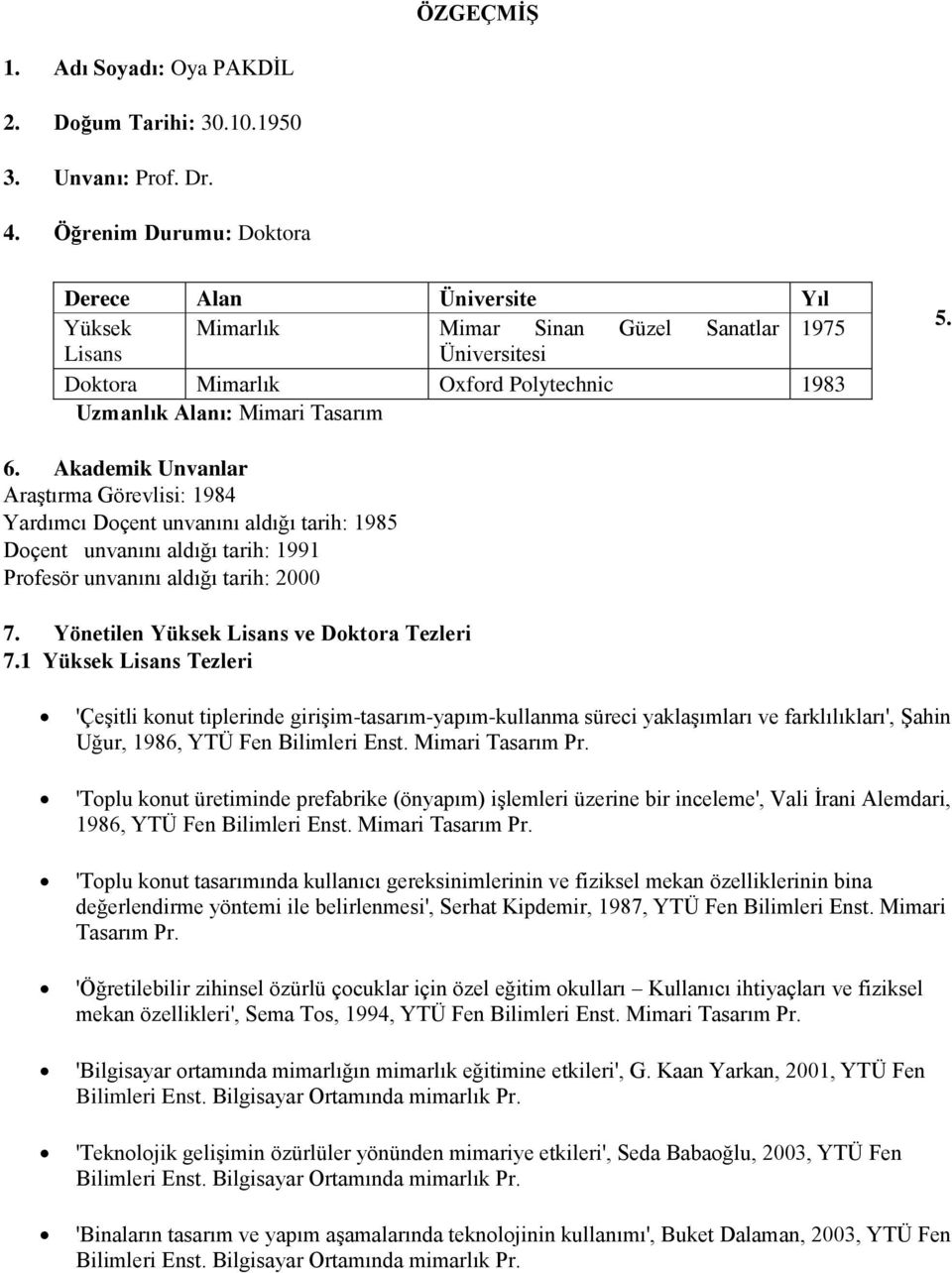 Akademik Unvanlar Araştırma Görevlisi: 1984 Yardımcı Doçent unvanını aldığı tarih: 1985 Doçent unvanını aldığı tarih: 1991 Profesör unvanını aldığı tarih: 2000 7.