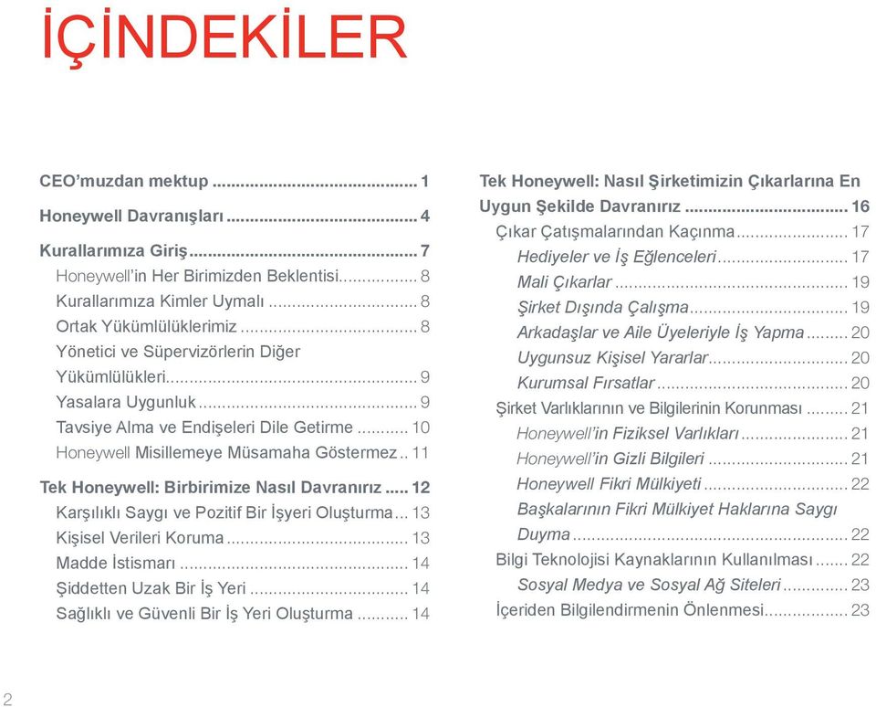 . 11 Tek Honeywell: Birbirimize Nasıl Davranırız... 12 Karşılıklı Saygı ve Pozitif Bir İşyeri Oluşturma... 13 Kişisel Verileri Koruma... 13 Madde İstismarı... 14 Şiddetten Uzak Bir İş Yeri.