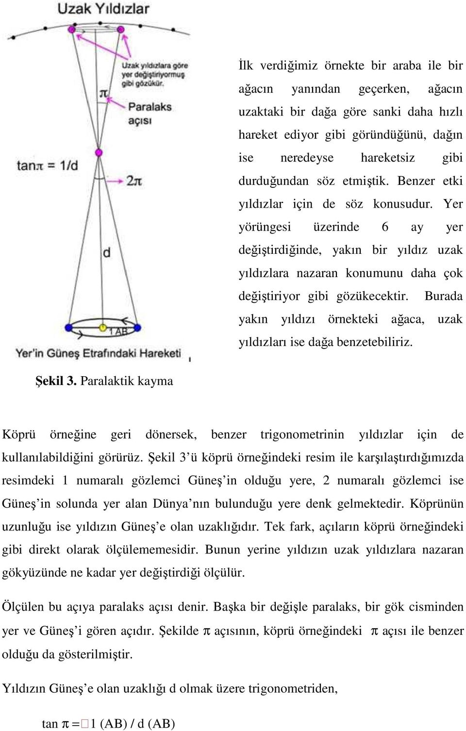 Burada yakın yıldızı örnekteki ağaca, uzak yıldızları ise dağa benzetebiliriz. Şekil 3.