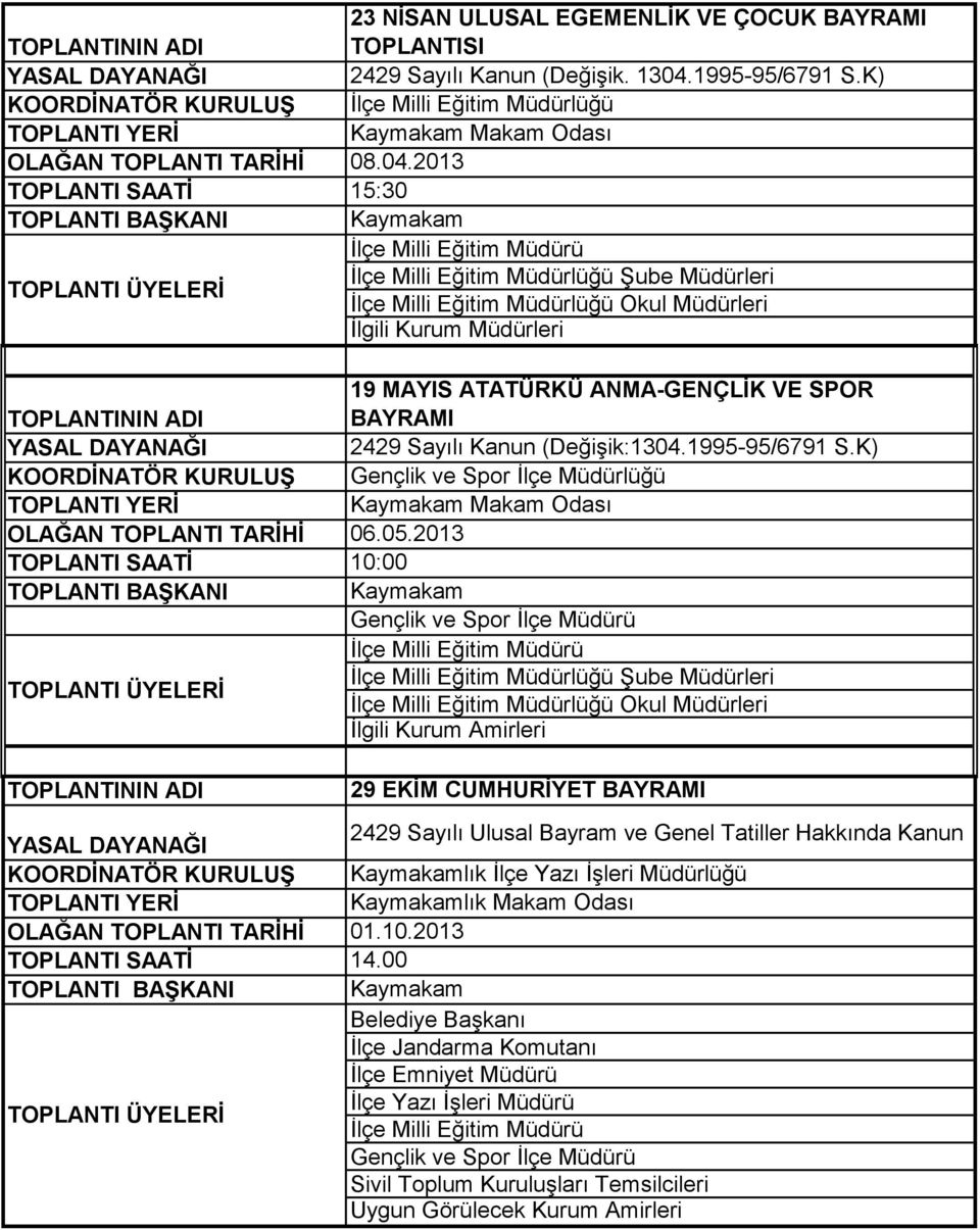 2013 TOPLANTI SAATİ 15:30 Ġlçe Milli Eğitim Müdürlüğü ġube Müdürleri Ġlçe Milli Eğitim Müdürlüğü Okul Müdürleri Ġlgili Kurum Müdürleri 19 MAYIS ATATÜRKÜ ANMA-GENÇLİK VE SPOR BAYRAMI 2429 Sayılı Kanun