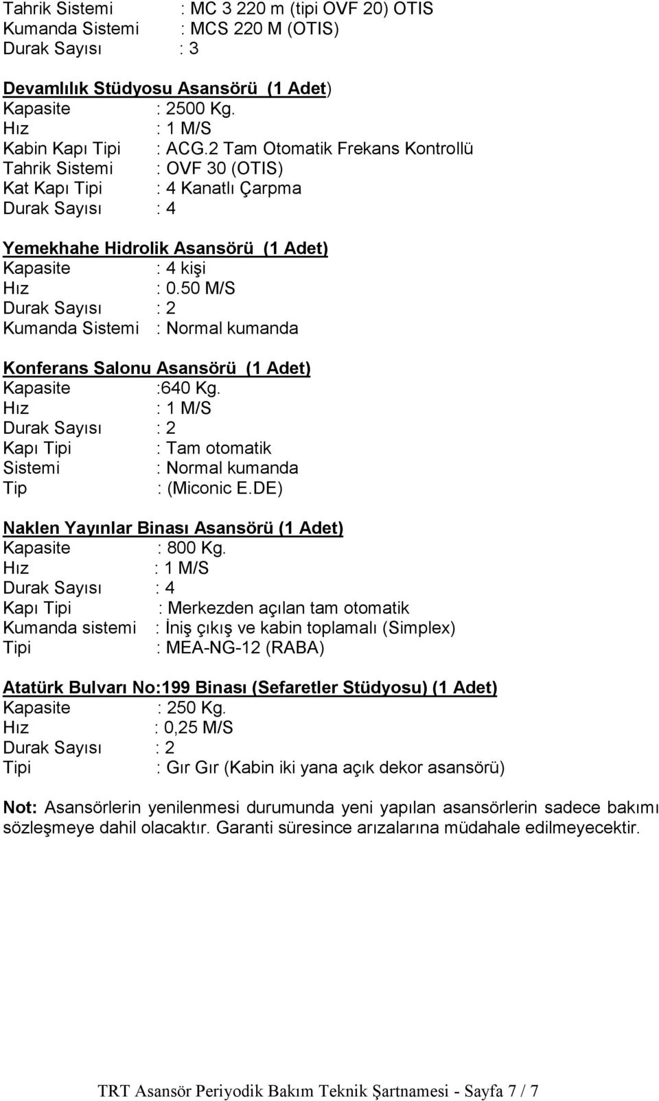 50 M/S Durak Sayısı : 2 Kumanda Konferans Salonu Asansörü (1 Adet) Kapasite :640 Kg. Durak Sayısı : 2 Kapı : Tam otomatik Tip : (Miconic E.