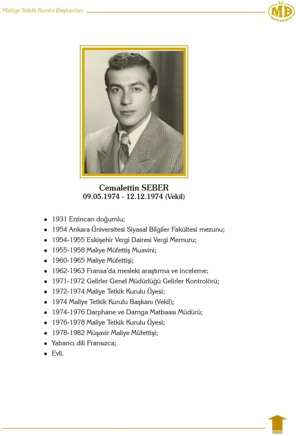 1955-1958 Maliye Müfettiş Muavini; 1960-1965 Maliye Müfettişi; 1962-1963 Fransa da mesleki araştırma ve inceleme; 1971-1972 Gelirler Genel Müdürlüğü