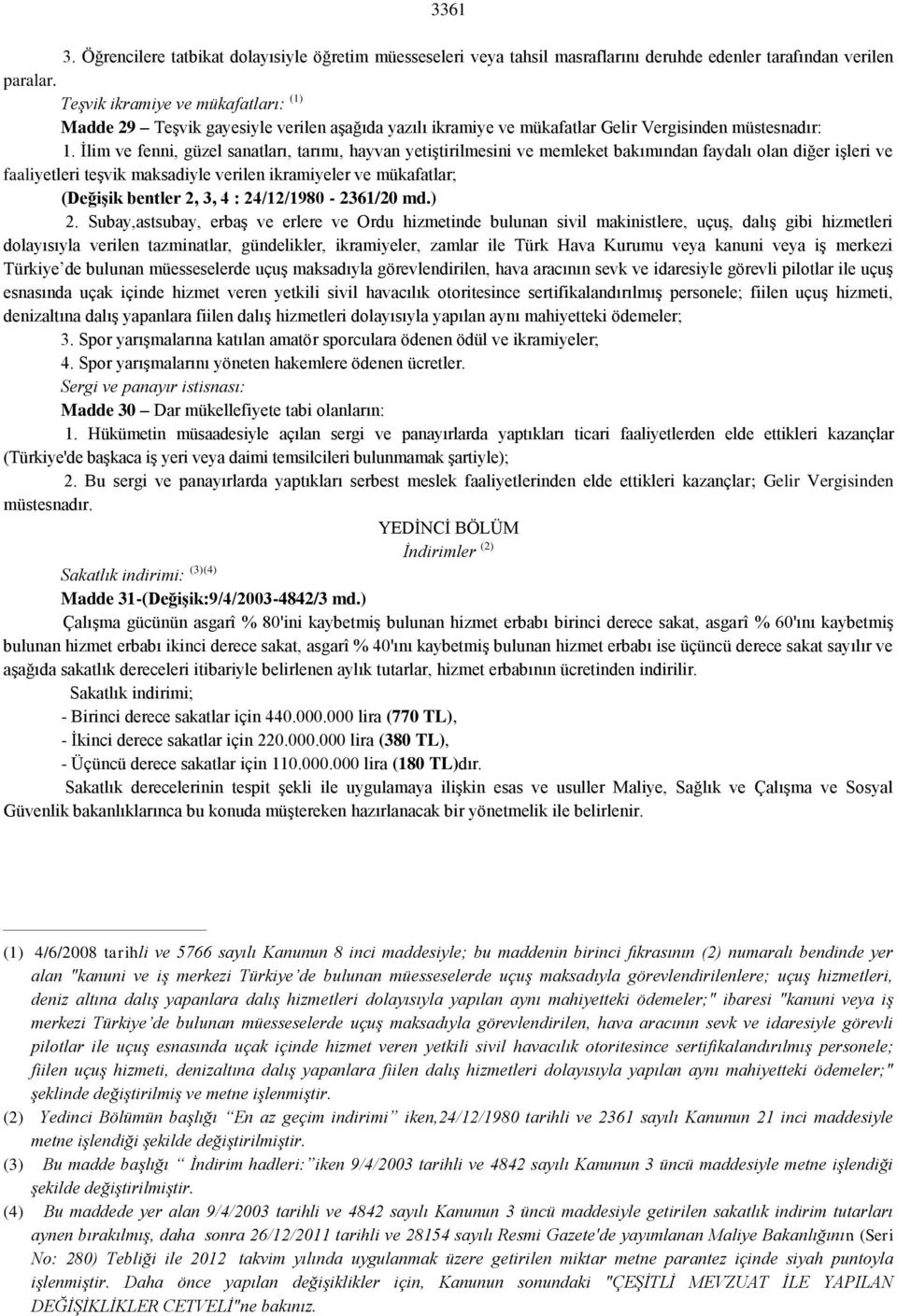 İlim ve fenni, güzel sanatları, tarımı, hayvan yetiştirilmesini ve memleket bakımından faydalı olan diğer işleri ve faaliyetleri teşvik maksadiyle verilen ikramiyeler ve mükafatlar; (Değişik bentler