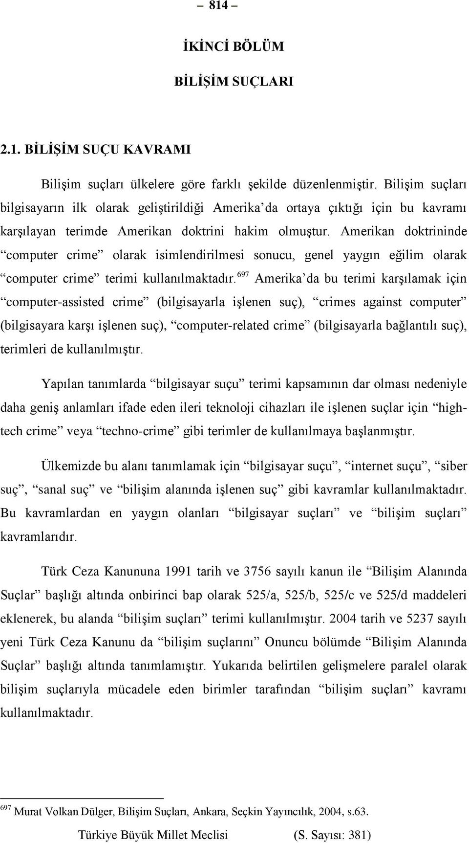 Amerikan doktrininde computer crime olarak isimlendirilmesi sonucu, genel yaygın eğilim olarak computer crime terimi kullanılmaktadır.