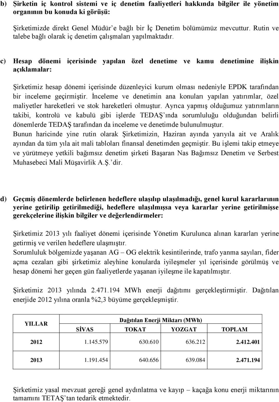 c) Hesap dönemi içerisinde yapılan özel denetime ve kamu denetimine ilişkin açıklamalar: Şirketimiz hesap dönemi içerisinde düzenleyici kurum olması nedeniyle EPDK tarafından bir inceleme geçirmiştir.