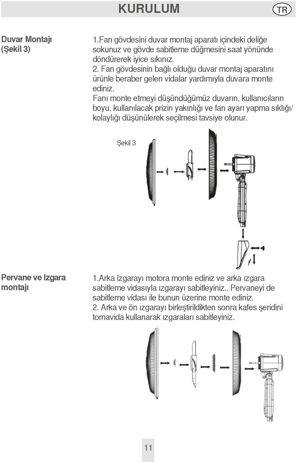 Fanı monte etmeyi düşündüğümüz duvarın, kullanıcıların boyu, kullanılacak prizin yakınlığı ve fan ayarı yapma sıklığı/ kolaylığı düşünülerek seçilmesi tavsiye olunur.