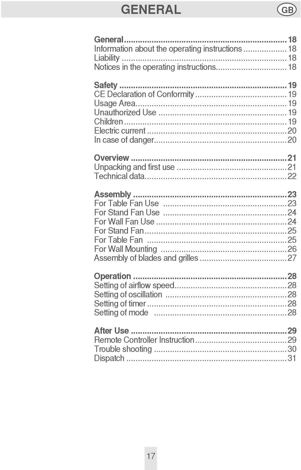..23 For Table Fan Use...23 For Stand Fan Use...24 For Wall Fan Use...24 For Stand Fan...25 For Table Fan...25 For Wall Mounting...26 Assembly of blades and grilles...27 Operation.