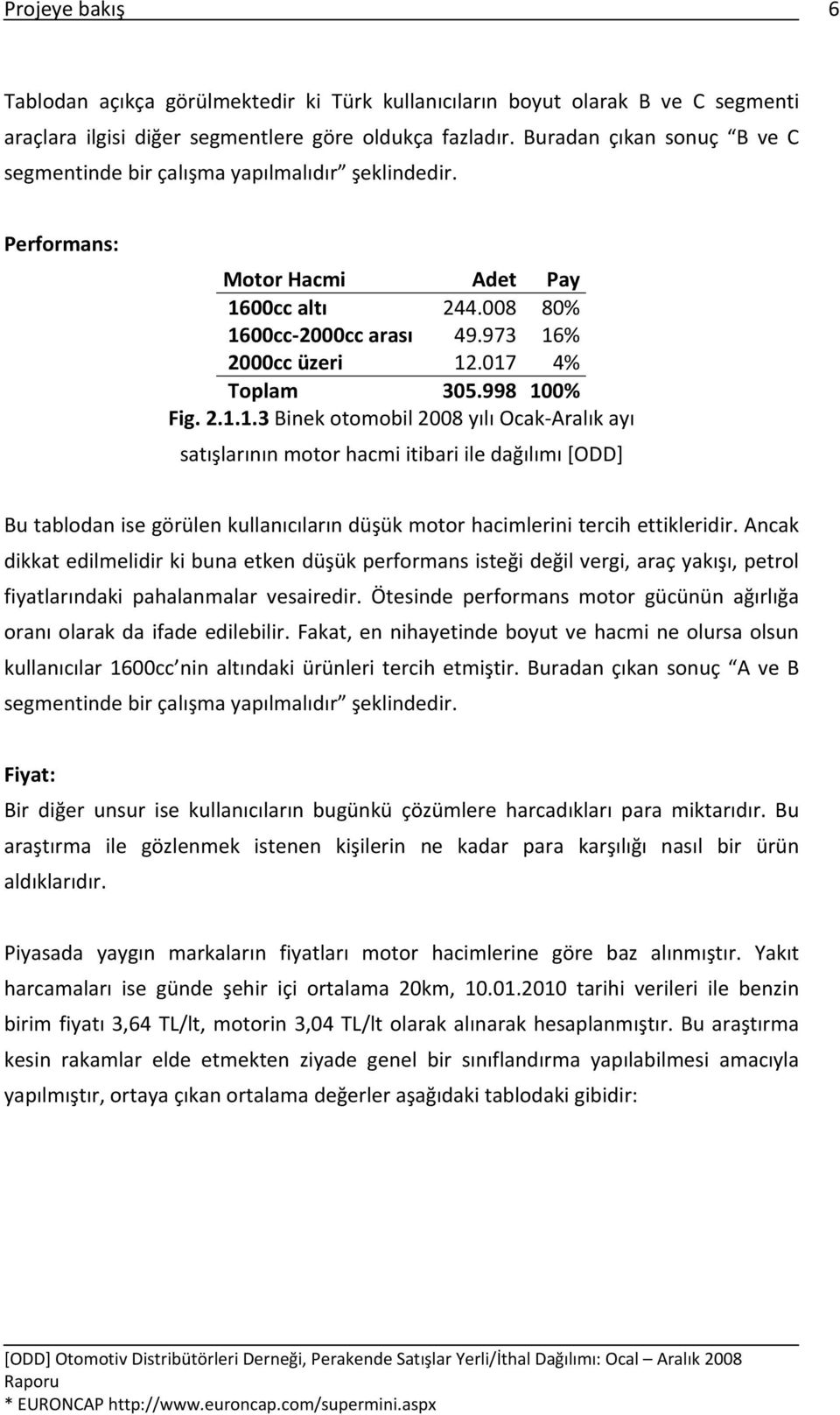 998 100% Fig. 2.1.1.3 Binek otomobil 2008 yılı Ocak Aralık ayı satışlarının motor hacmi itibari ile dağılımı [ODD] Bu tablodan ise görülen kullanıcıların düşük motor hacimlerini tercih ettikleridir.