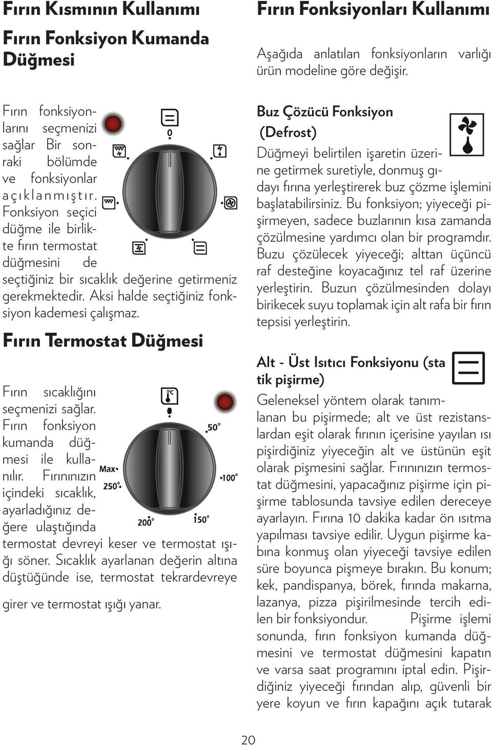 Fırın Termostat Düğmesi Fırın sıcaklığını seçmenizi sağlar. Fırın fonksiyon kumanda düğmesi ile kullanılır.