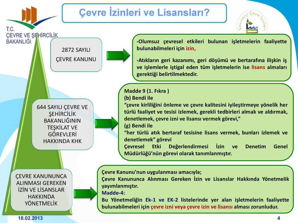 eden tüm işletmelerin ise lisans almaları gerektiği belirtilmektedir. 644 SAYILI ÇEVRE VE ŞEHİRCİLİK BAKANLIĞININ TEŞKİLAT VE GÖREVLERİ HAKKINDA KHK Madde 9 (1.