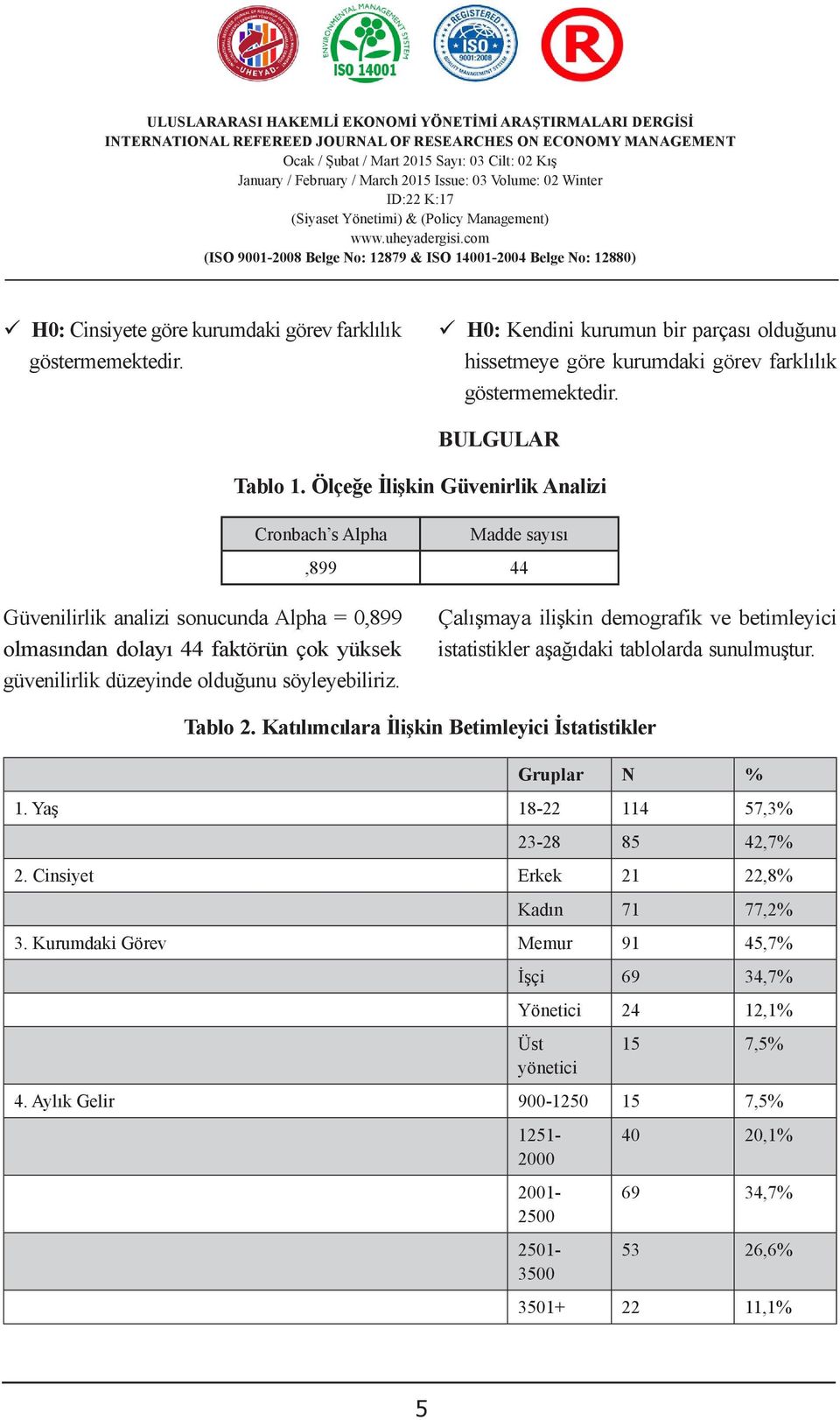 Alpha = 0,899 olmasından dolayı 44 faktörün çok yüksek güvenilirlik düzeyinde olduğunu söyleyebiliriz. Çalışmaya ilişkin demografik ve betimleyici istatistikler aşağıdaki tablolarda sunulmuştur.