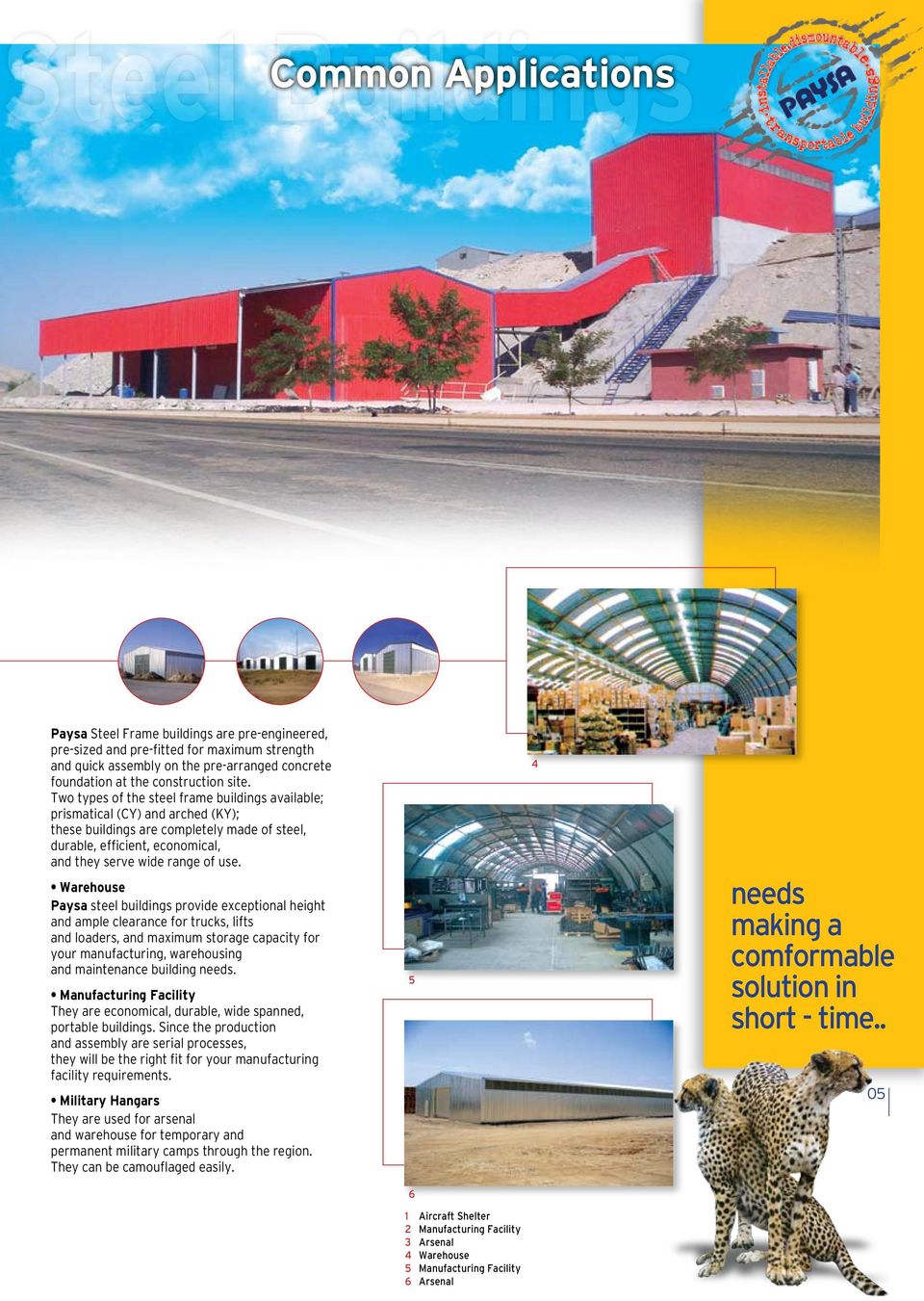 Two types of the steel frame buildings available; prismatical (CY) and arched (KY); these buildings are completely made of steel, durable, efficient, economical, and they serve wide range of use.