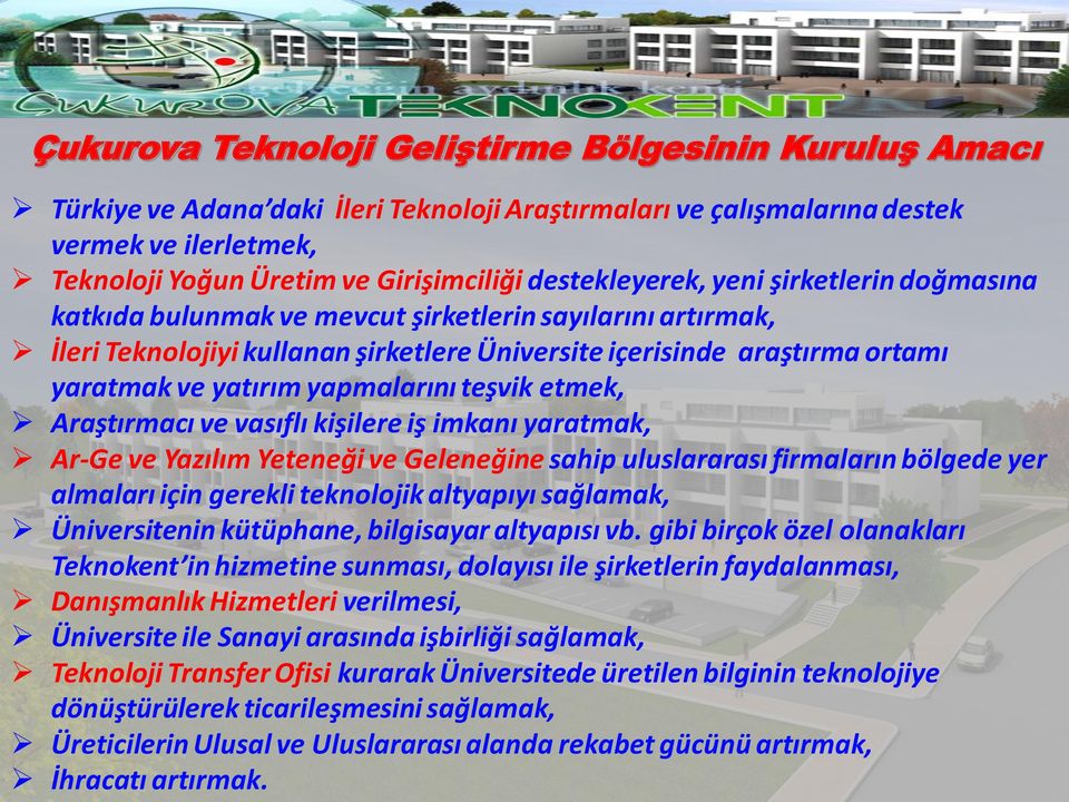 yapmalarını teşvik etmek, Araştırmacı ve vasıflı kişilere iş imkanı yaratmak, Ar-Ge ve Yazılım Yeteneği ve Geleneğine sahip uluslararası firmaların bölgede yer almaları için gerekli teknolojik