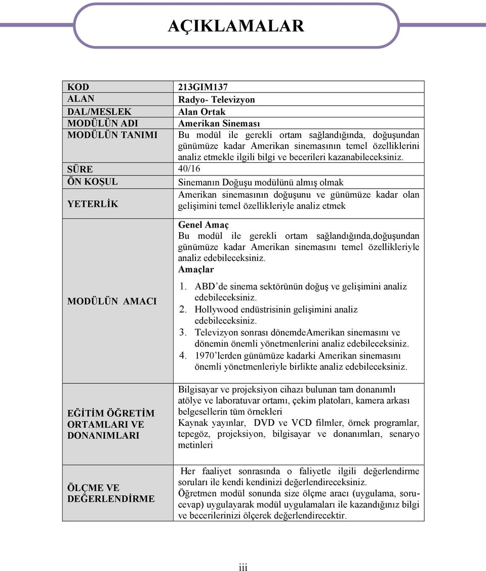 SÜRE 40/16 ÖN KOŞUL Sinemanın Doğuşu modülünü almış olmak Amerikan sinemasının doğuşunu ve günümüze kadar olan YETERLİK gelişimini temel özellikleriyle analiz etmek MODÜLÜN AMACI EĞİTİM ÖĞRETİM