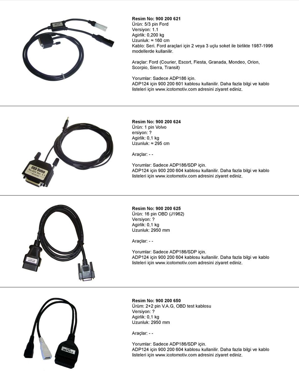 Daha fazla bilgi ve kablo listeleri için www.icotomotiv.com Resim No: 900 200 624 Ürün: 1 pin Volvo ersiyon:? Agirlik: 0,1 kg Uzunluk: 295 cm Araçlar: - - Yorumlar: Sadece ADP186/SDP için.