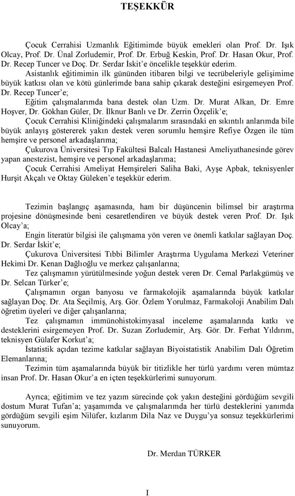 Recep Tuncer e; Eğitim çalışmalarımda bana destek olan Uzm. Dr. Murat Alkan, Dr. Emre Hoşver, Dr. Gökhan Güler, Dr. İlknur Banlı ve Dr.