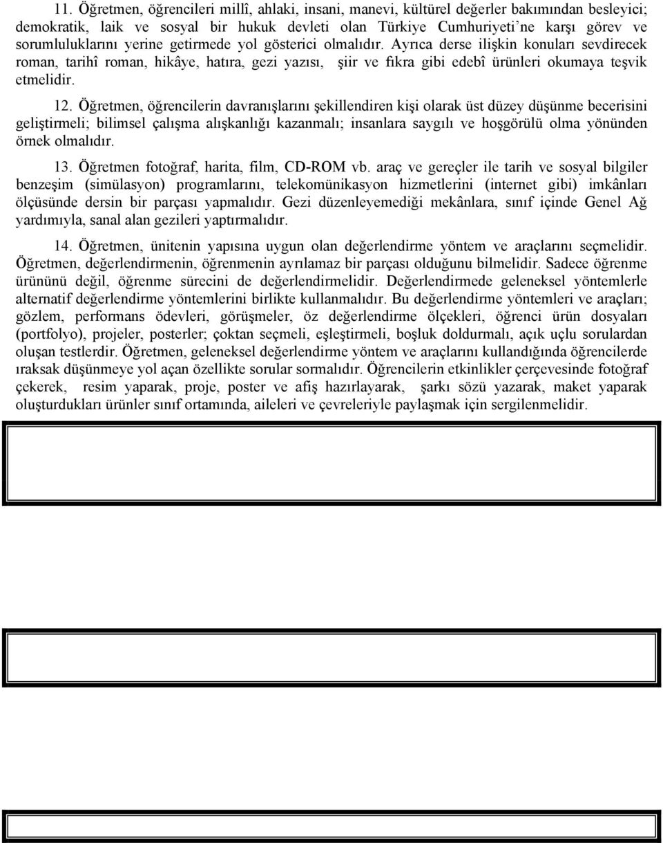 Ayrıca derse ilişkin konuları sevdirecek roman, tarihî roman, hikâye, hatıra, gezi yazısı, şiir ve fıkra gibi edebî ürünleri okumaya teşvik etmelidir. 12.