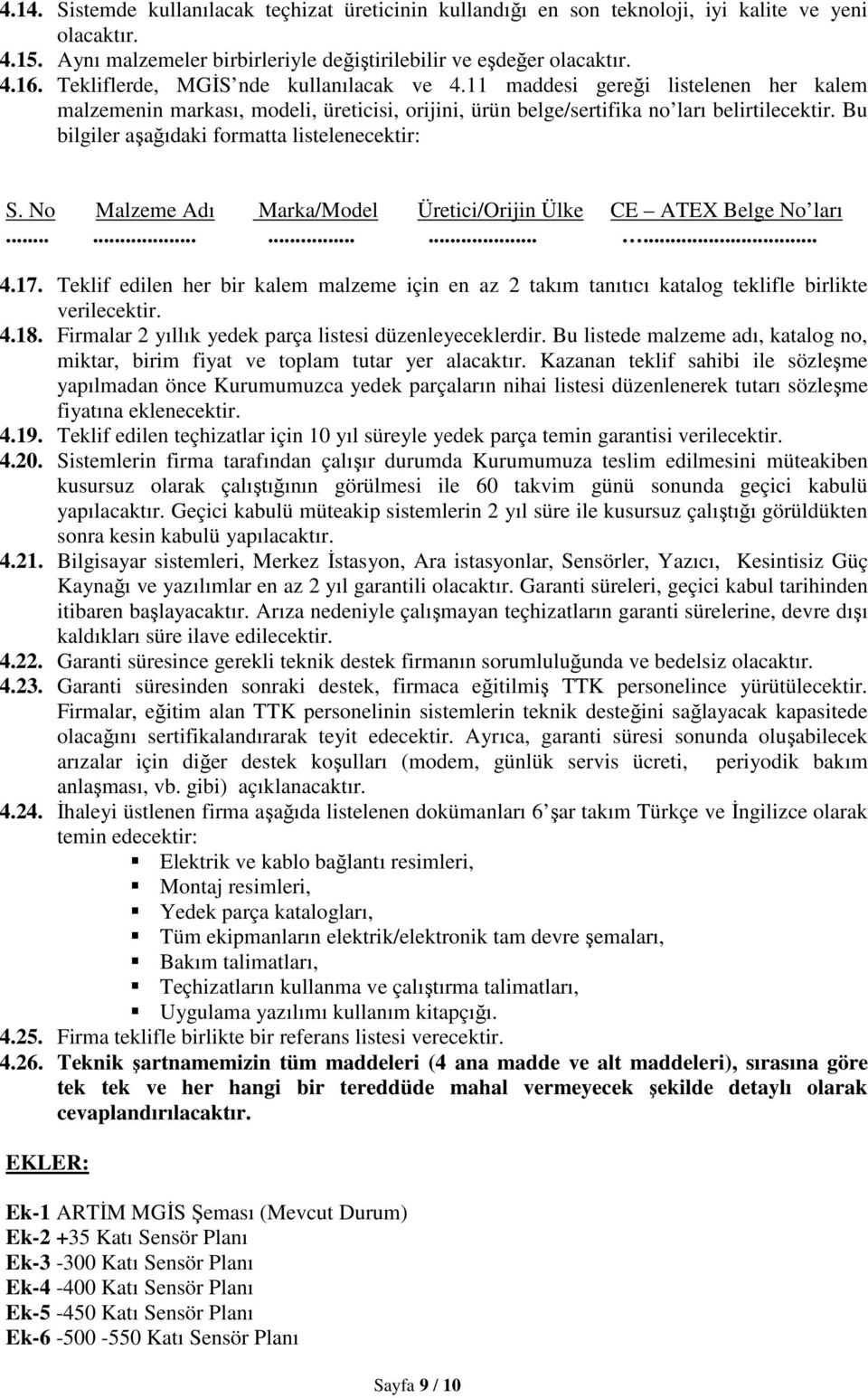 Bu bilgiler aşağıdaki formatta listelenecektir: S. No Malzeme Adı Marka/Model Üretici/Orijin Ülke CE ATEX Belge No ları............... 4.17.