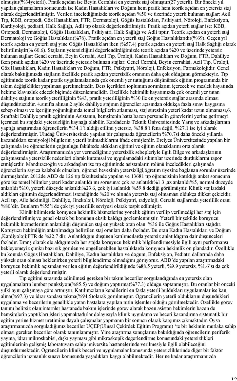 Verileri incelediğimizde teorik açıdan %50 ve üzerinde yeterli bulunan stajlar: Acil Tıp, KBB, ortopedi, Göz Hastalıkları, FTR, Dermatoloji, Göğüs hastalıkları, Psikiyatri, Nöroloji, Enfeksiyon,