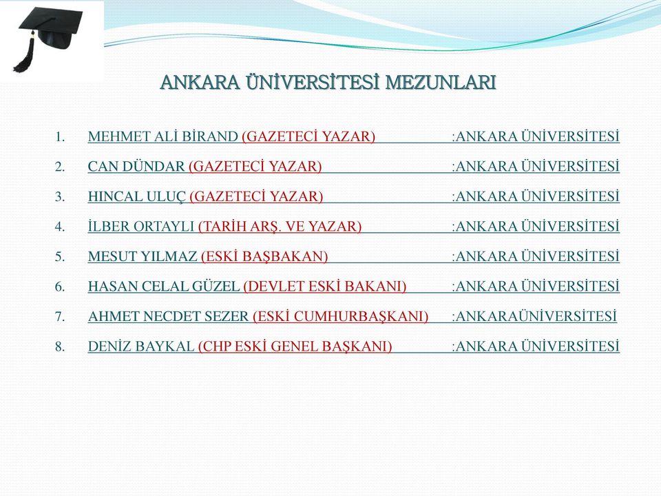 İLBER ORTAYLI (TARİH ARŞ. VE YAZAR) :ANKARA ÜNİVERSİTESİ 5. MESUT YILMAZ (ESKİ BAŞBAKAN) :ANKARA ÜNİVERSİTESİ 6.