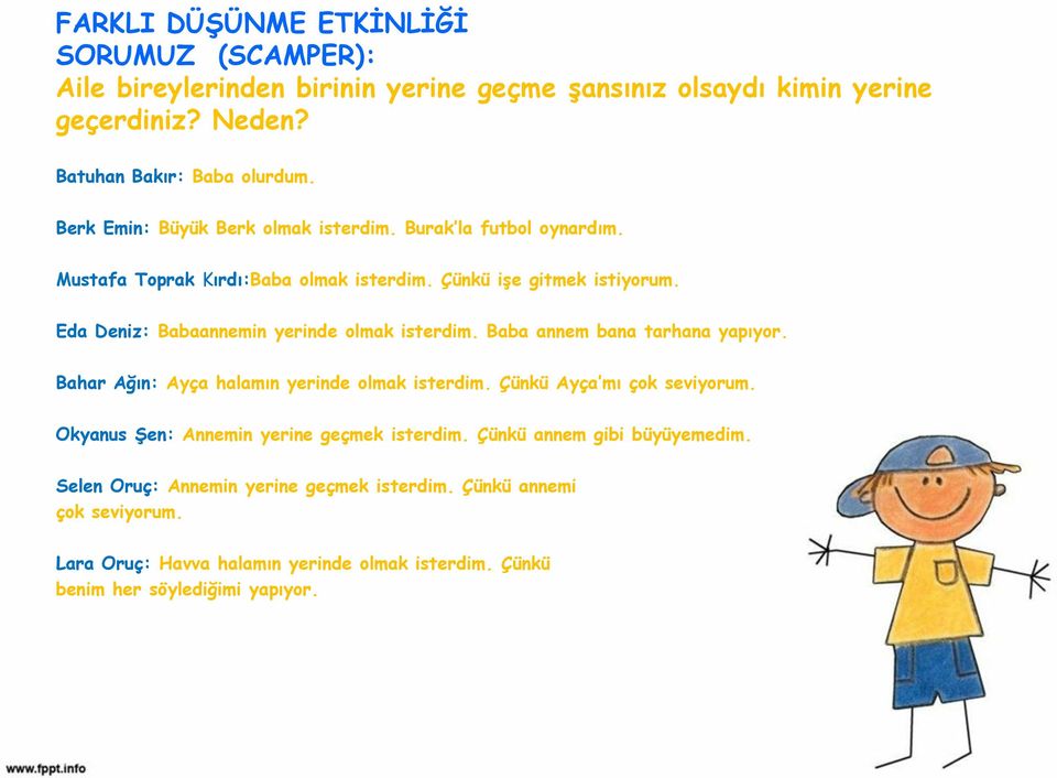 Eda Deniz: Babaannemin yerinde olmak isterdim. Baba annem bana tarhana yapıyor. Bahar Ağın: Ayça halamın yerinde olmak isterdim. Çünkü Ayça mı çok seviyorum.