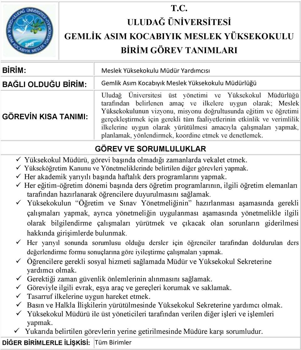 amacıyla çalışmaları yapmak, planlamak, yönlendirmek, koordine etmek ve denetlemek. Yüksekokul Müdürü, görevi başında olmadığı zamanlarda vekalet etmek.