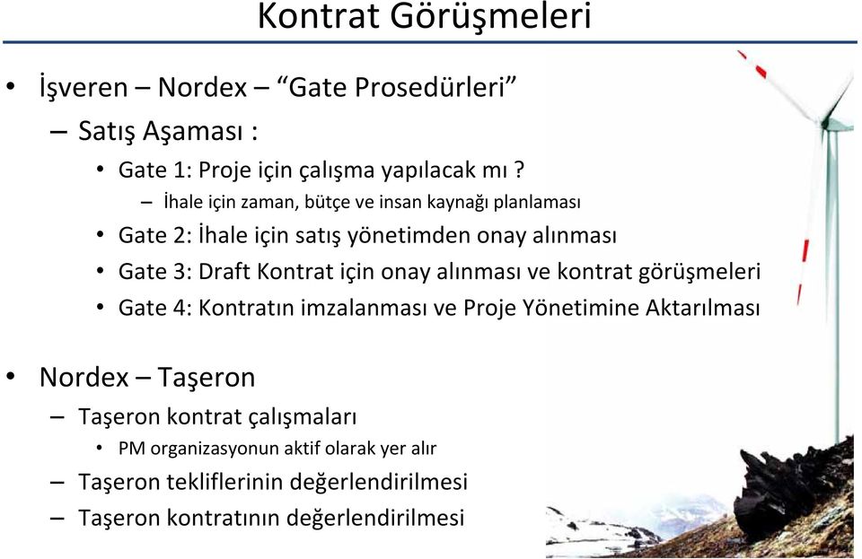 için onay alınması ve kontrat görüşmeleri Gate 4: Kontratın imzalanması ve Proje Yönetimine Aktarılması Nordex Taşeron