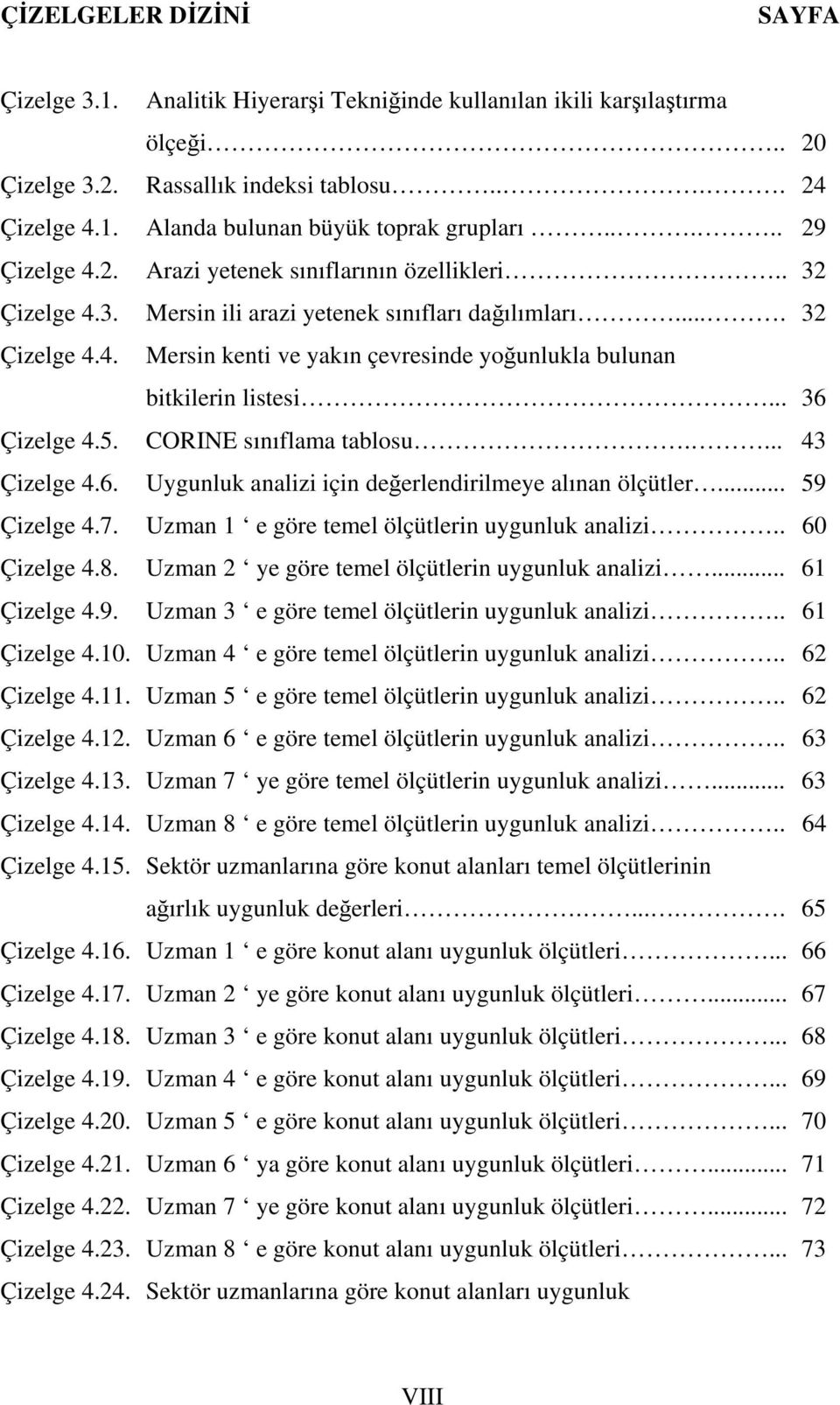 .. 36 Çizelge 4.5. CORINE sınıflama tablosu.... 43 Çizelge 4.6. Uygunluk analizi için değerlendirilmeye alınan ölçütler... 59 Çizelge 4.7. Uzman 1 e göre temel ölçütlerin uygunluk analizi.