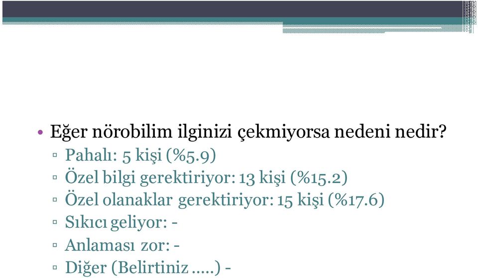 9) Özel bilgi gerektiriyor: 13 kişi (%15.