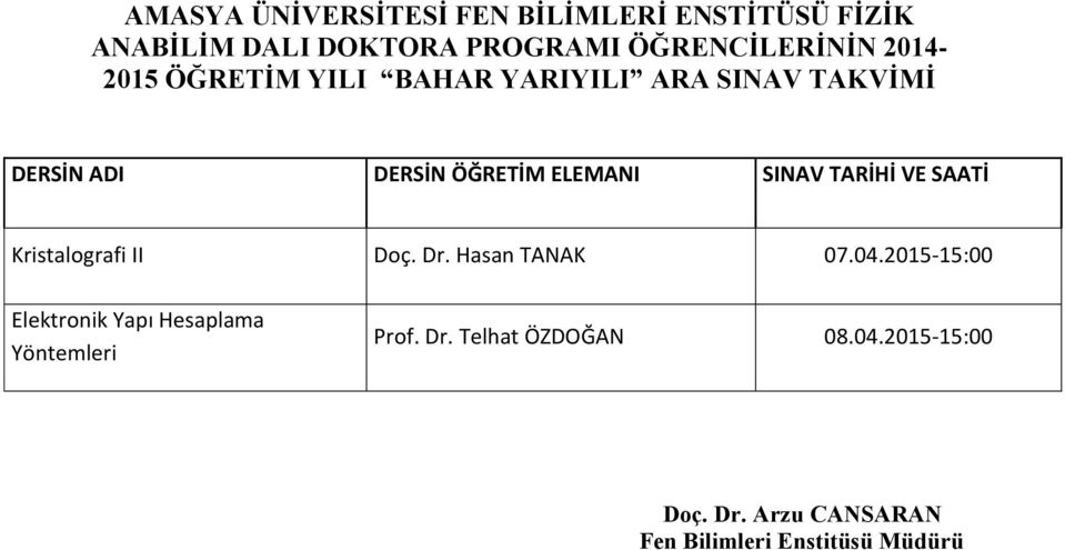 TAKVİMİ Kristalografi II Doç. Dr. Hasan TANAK 07.04.