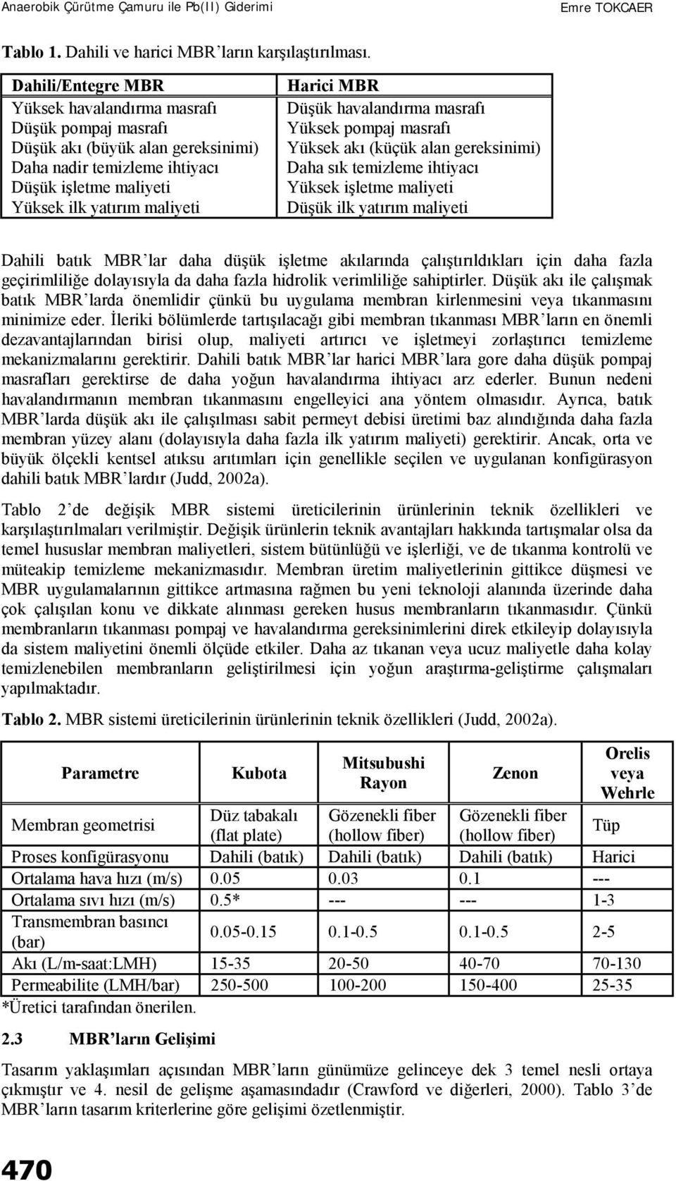 Düşük havalandırma masrafı Yüksek pompaj masrafı Yüksek akı (küçük alan gereksinimi) Daha sık temizleme ihtiyacı Yüksek işletme maliyeti Düşük ilk yatırım maliyeti Dahili batık MBR lar daha düşük