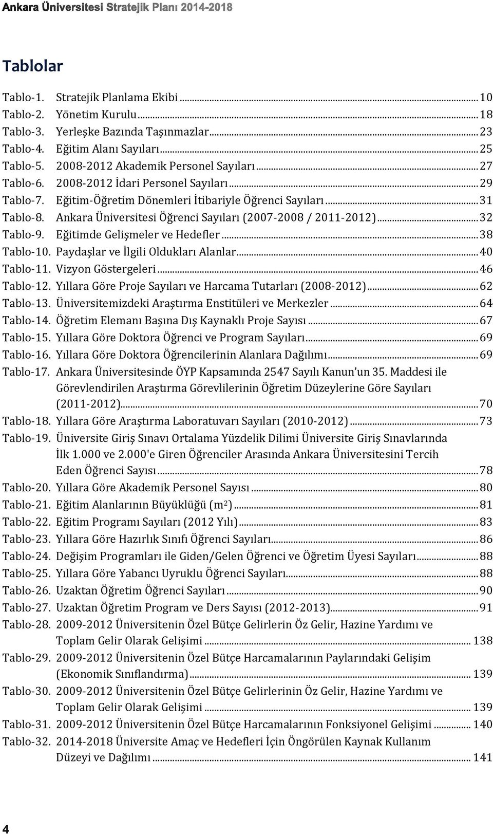 Ankara Üniversitesi Öğrenci Sayıları (2007-2008 / 2011-2012)... 32 Tablo-9. Eğitimde Gelişmeler ve Hedefler... 38 Tablo-10. Paydaşlar ve İlgili Oldukları Alanlar... 40 Tablo-11. Vizyon Göstergeleri.