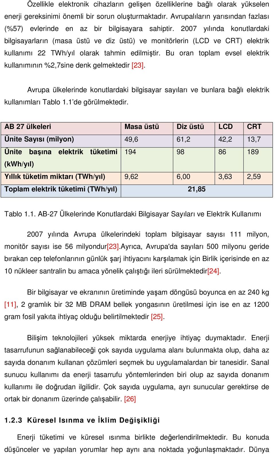 2007 yılında konutlardaki bilgisayarların (masa üstü ve diz üstü) ve monitörlerin (LCD ve CRT) elektrik kullanımı 22 TWh/yıl olarak tahmin edilmiştir.