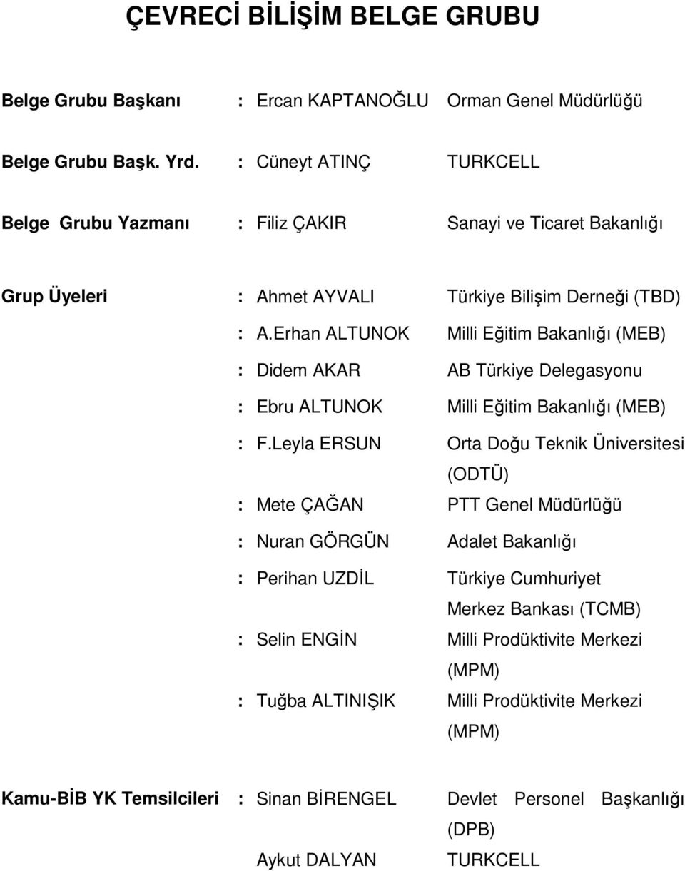 Erhan ALTUNOK Milli Eğitim Bakanlığı (MEB) : Didem AKAR AB Türkiye Delegasyonu : Ebru ALTUNOK Milli Eğitim Bakanlığı (MEB) : F.