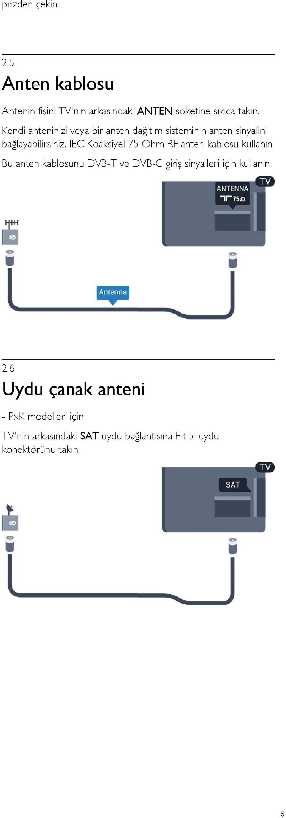 IEC Koaksiyel 75 Ohm RF anten kablosu kullanın.