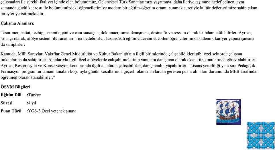 Çalışma Alanları: Tasarımcı, hattat, tezhip, seramik, çini ve cam sanatçısı, dokumacı, sanat danışmanı, desinatör ve ressam olarak istihdam edilebilirler.